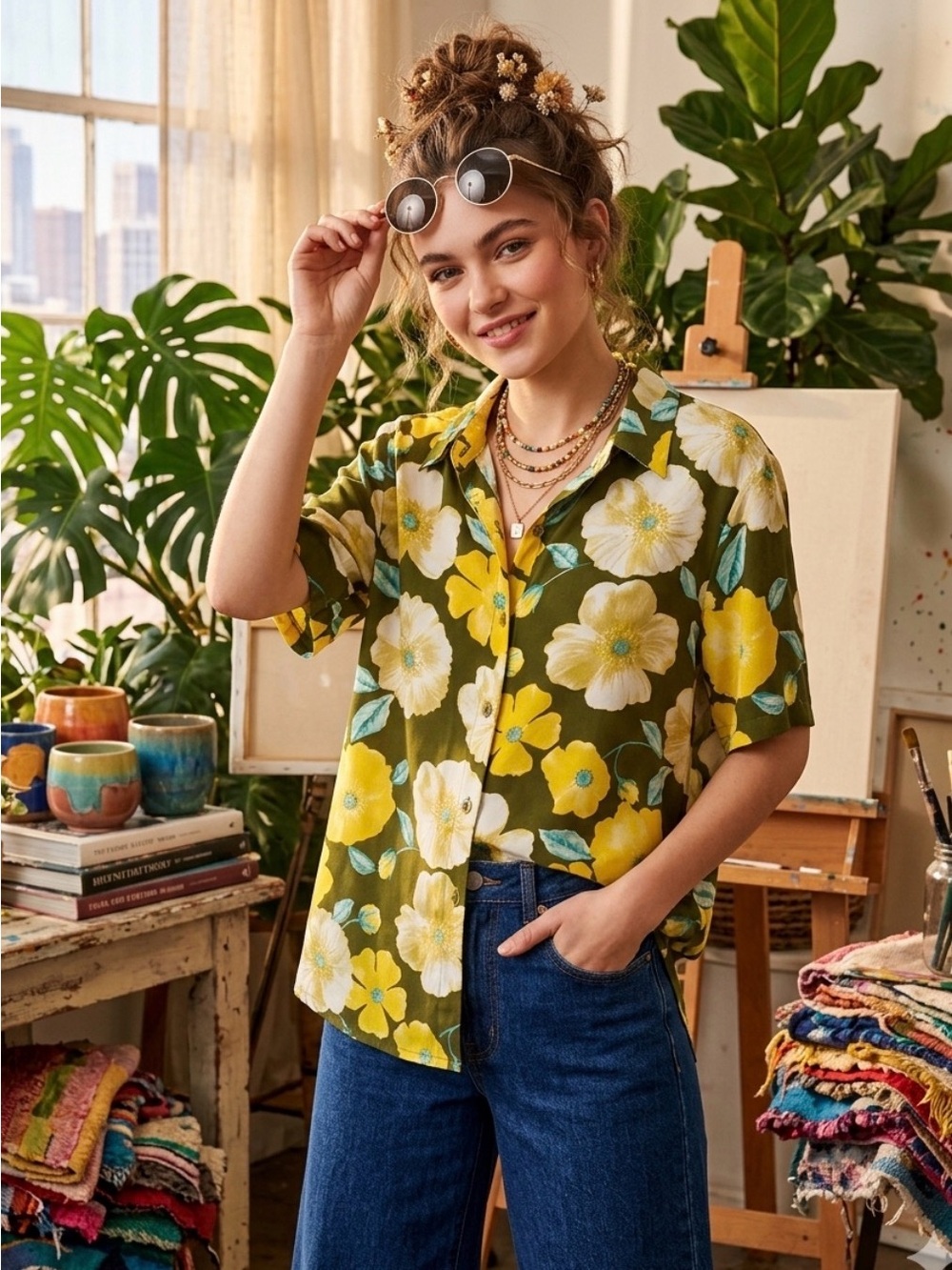 Elegancia Olive Green Floral Button-Up Blouse Size XL